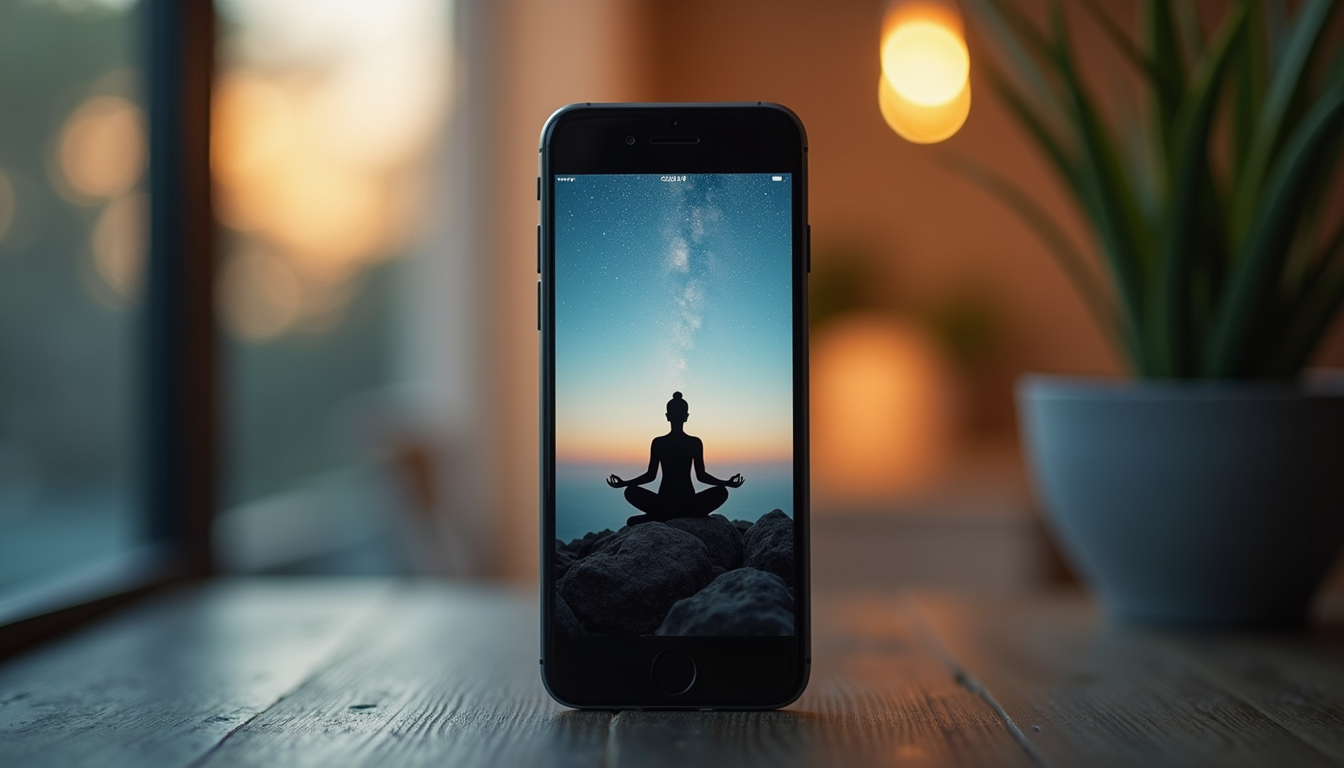 Close-up view of a smartphone displaying a meditation app. Caption: Using a meditation app for anxiety relief