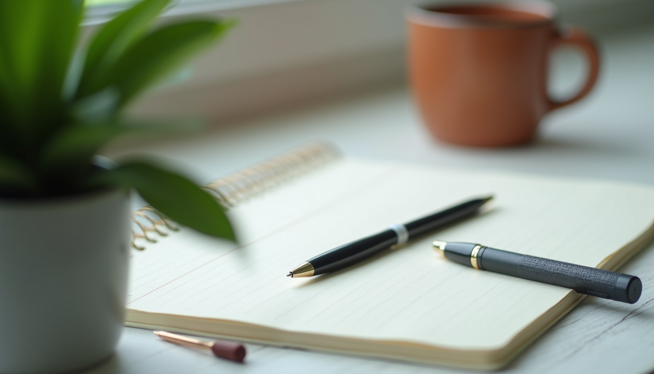 Close-up view of a notebook and pen on a desk with a calming plant nearby (body image)