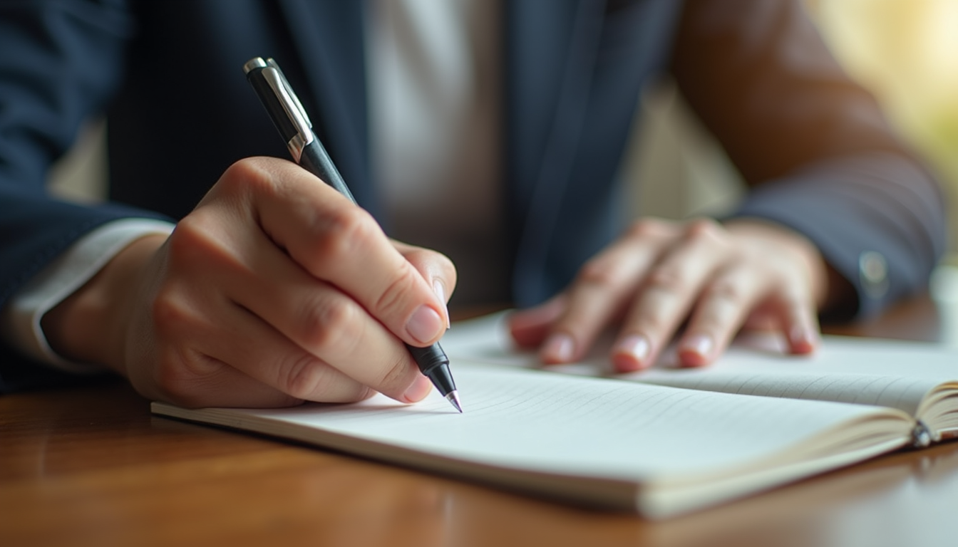 Close-up view of a person journaling with a pen on a wooden table. Caption: Journaling as a tool for emotional resilience