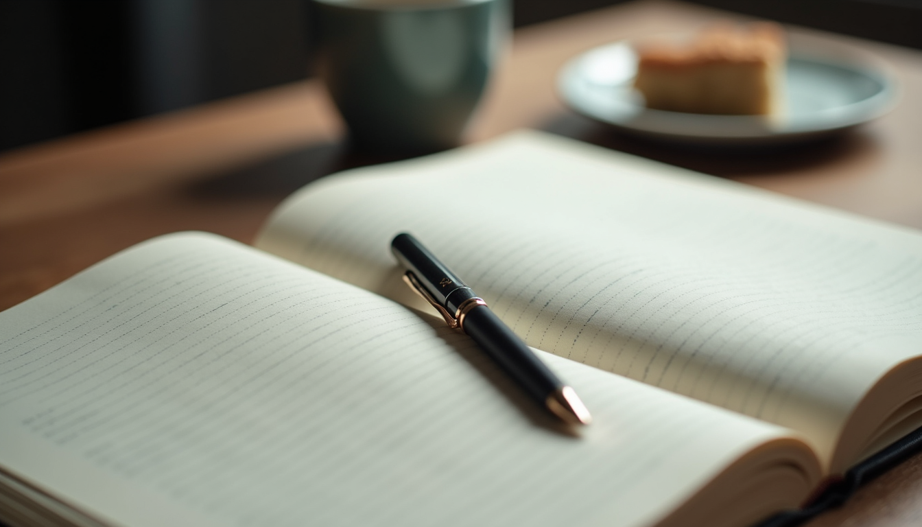 Close-up of a guided journal open with a pen resting on the page