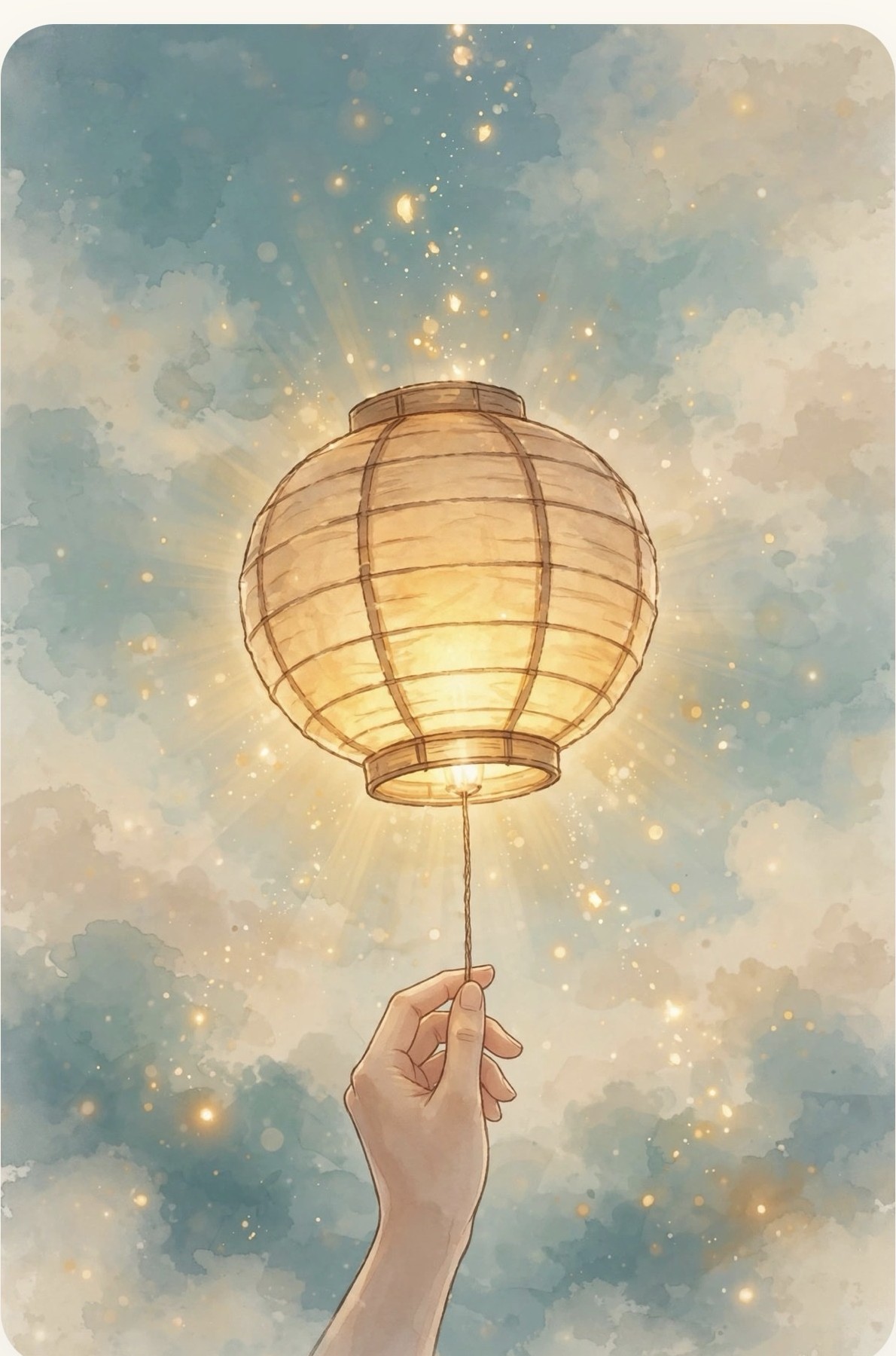 A hand holding a glowing paper lantern against a watercolor sky